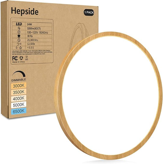 hepside 1Pack LED Flush Mount Ceiling Light Fixture, 12Inch 24W, Dimmable&3000K/3500K/4000K/5000K/6500K Adjustable Low Profile Ceiling Lights, Round Flat Ceiling Light for Closet,Kitchen,Hallway-Wood