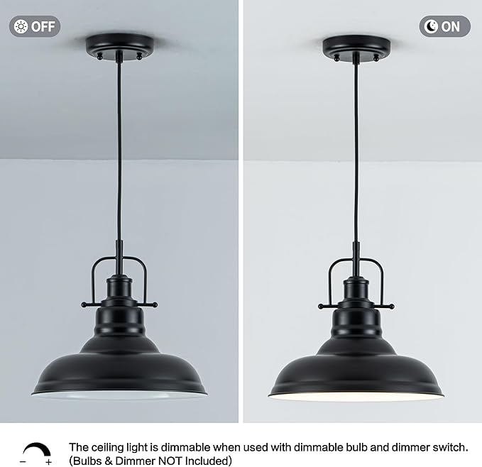 Zlepmlla Famrhouse Pendant Light, Black Pendant Light Fixture with Metal Dome Shade, Adjustable Height Hanging Light for Kitchen Island, Living Room, Bedroom