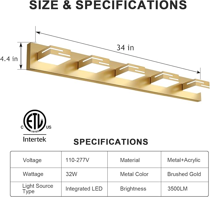 LED Modern Bathroom Vanity Light Fixtures, 5-Light 34-inch Dimmable Gold Vanity Lights for Bathroom Lighting Fixtures Over Mirror, with 360° Rotatable Heads (Cool White 6000K)