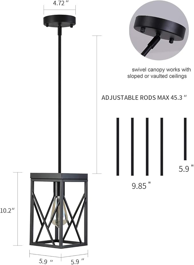 Modern Black Pendant Light with Metal Cage, One-Light Adjustable Rods Industrial Mini Pendant Lighting Fixture for Kitchen Island Cafe Bar Farmhouse, Black