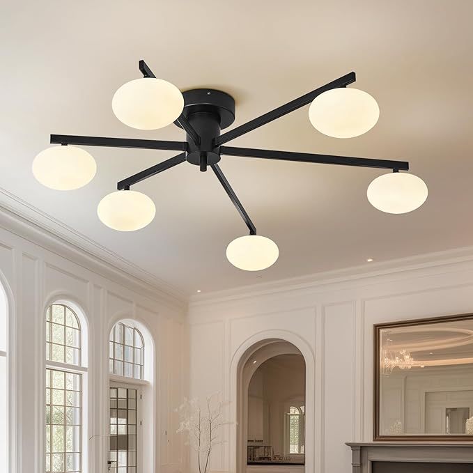 Globe Semi Flush Mount Ceiling Light Black Sputnik 6-Lights Ceiling Lighting Mid Century Modern Close to Ceiling Light for Bedroom Kitchen and Dining Room