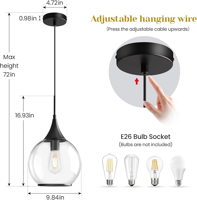 Pendant Lights Kitchen Island: Matte Black Light Fixture Farmhouse with Clear Glass - 10 Inch Mid Century Globe Kitchen Lighting Fixtures Ceiling for Dining Room