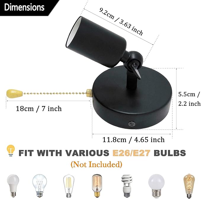 Adjustable Retro Wall Sconce Light with Pull Chain Switch Vintage Black Wall Lights Fixture with On Off Switch E26 Indoor Wall Lamps for Home Bedroom Kitchen Wall Mount ighting, NO Bulb