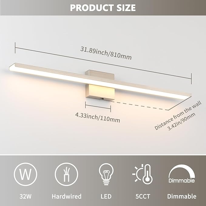 JUSHENG Brushed Nickel Vanity Lights for Bathroom Light Fixtures 5CCT Dimmable Vanity Light Bar LED Bathroom Lighting Over Mirror 31.5'' Inch 32W ETL Certificated