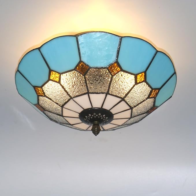 12 Inch Tiffany Style Vintage Stained Glass Ceiling Light Flush Mount Ceiling Light Pendent Chandelier Lighing Fixtures (12 Inch Blue B)