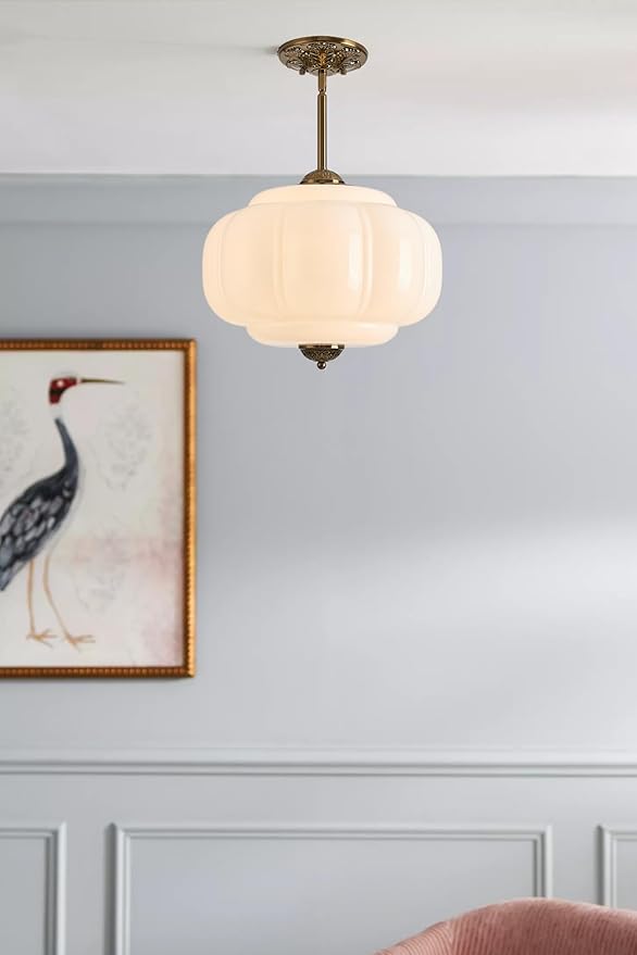 Milk Glass Ceiling Light Fixture, 15" Vintage Semi Flush Mount Pendant Light with Antique Brass Finish, Schoolhouse Light Fixture - Antique Chandelier for Kitchen, Hallway, Dining Room