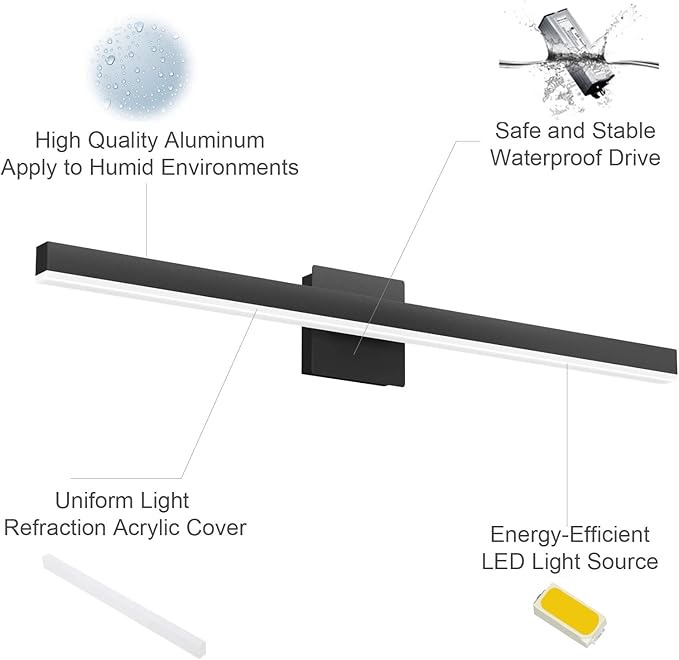 Aipsun 31.5in/26W Modern Black Vanity Light LED Bathroom Vanity Light Fixtures Wall Light for Bathroom (White Light 6000K)