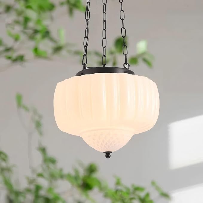 LIGHTLAND Milk Glass Pendant Light, 13 Inch Mid Century Semi Flush Mount Ceiling Light Fixture with 39.4 Inch Adjustable Chain, Vintage Chandelier for Bedroom, Living Room, Dining Room, Hallway