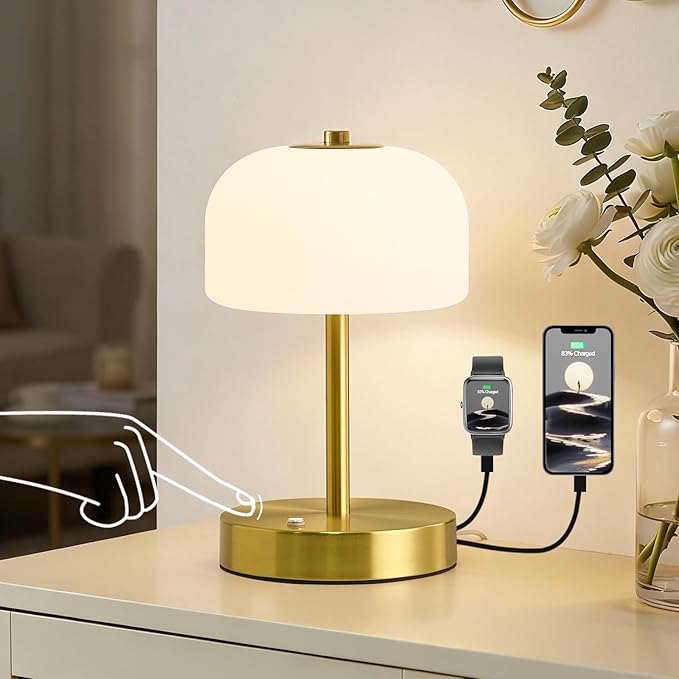 Oneach 9" Touch Control Gold Table Lamp with USB A+C Charging Ports, Dimmable LED Bedside Lamp with 3 Color Temperatures, Small Modern Table Lamps for Bedroom Nightstand Living Room