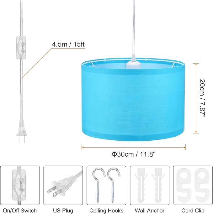 PATIKIL Plug in Pendant Light, 2 Pack 15Ft Rope Cord Hanging Lamp Fixture with ON/Off Switch, Linen Fabric Shade E26/E27 Bulb Socket for Bedroom Kitchen Living Room, Light Blue
