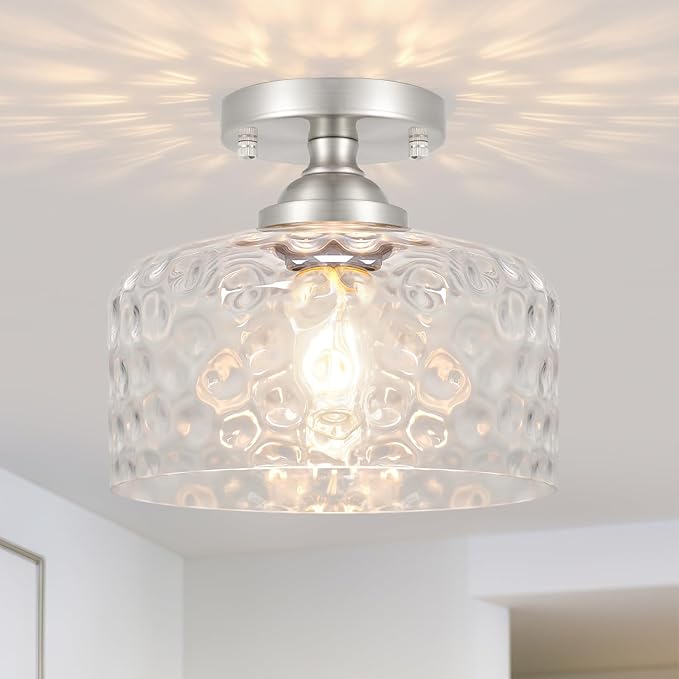 Small Semi Flush Mount Ceiling Light Fixture, Vintage Brushed Nickel Close to Ceiling Lighting with Hammered Glass Shade for Hallway, Kitchen, Entryway (Retro Design, Easy Install)