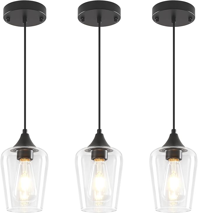 3-Pack Black Pendant Lights Kitchen Island, Modern Glass Pendant Lighting Over Island Kitchen Hanging Light Fixtures Hallway Pendant Lights for Bathroom Dining Room Entryway Foyer Bedroom