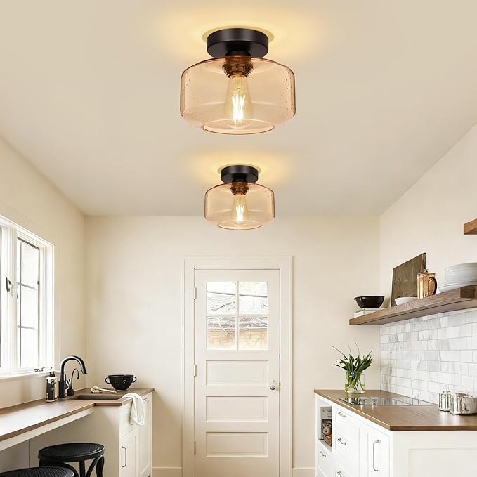 Lynnoland Industrial Semi Flush Mount Ceiling Light, Amber Seeded Glass Shade Ceiling Light Fixture, Light Fixture for Hallway Bathroom Bedroom, Vintage Hanging Light Fixtures