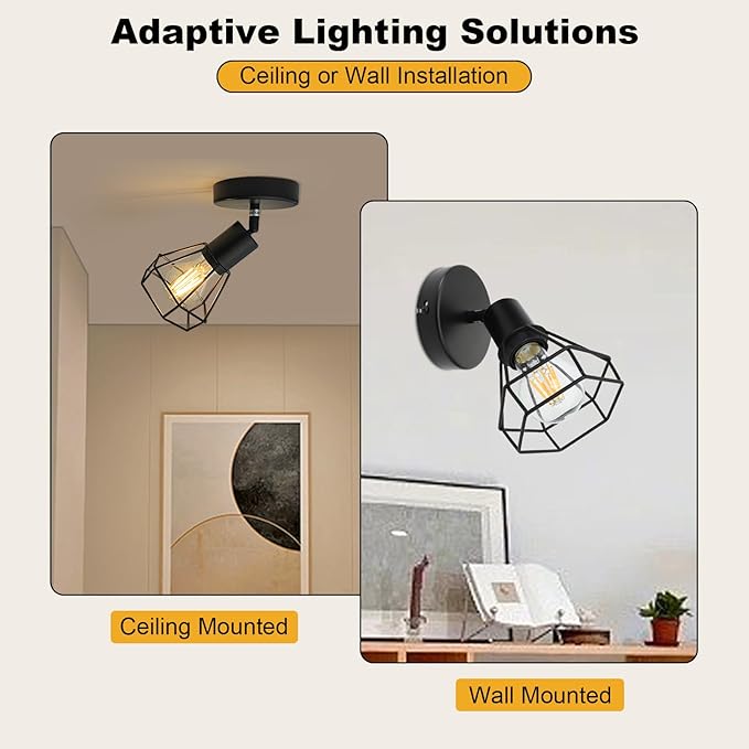 HiBay LED Track Lighting Fixture, 1-Light Adjustable Spot Light Ceiling Wall Mount, Black Geometric Metal Cage Industrial Spotlight Indoor for Kitchen, Dining, Bedroom, E26 Base (Bulb Not Included)