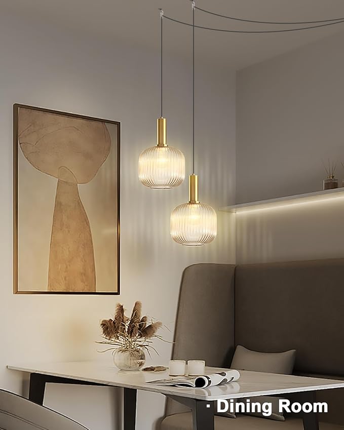 Amber Plug in Pendant Light, Mid Century Modern Hanging Light Fixture with 14.76ft Cord, Vintage Gold Hanging Lamp Plug in Chandelier Lighting for Bedroom, Living Room, Kitchen, Dining Room