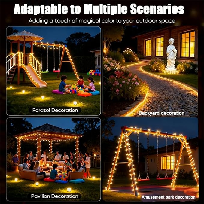 Honche Solar Rope Light 33FT 100LED IP65 Waterproof Outdoor LED Copper Fairy String Tube Lights for Party Gazebo Garden Patio Stair Balcony Fence Tree Daily Christmas Decoration (Solar-Warm White)