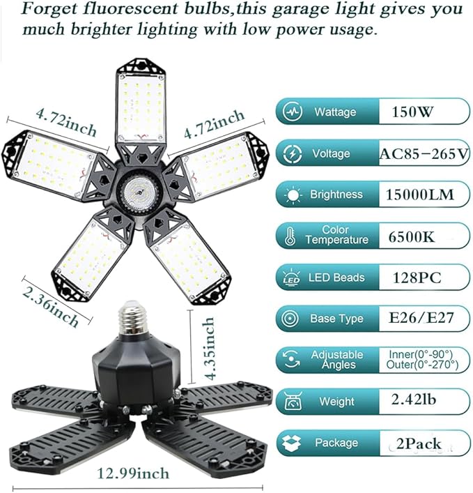 160W LED Garage Light 2Pack, 16000 Lumen Ceiling Lights with 5+1 Adjustable Panels, 6500K Daylight Light Bulb Fixture LED Lights for Garage, Workshop (New 160W 2Pack)
