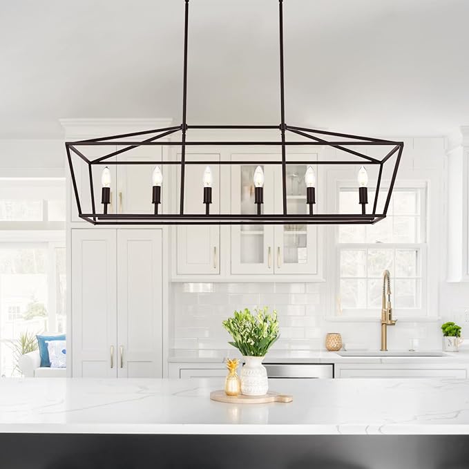 6-Light Kitchen Island Lighting, Farmhouse Dining Room Rectangle Chandelier, Hanging Pendant Light Fixture Over Table for Living Room, Oil Rubbed Bronze & E12 Bulb Base