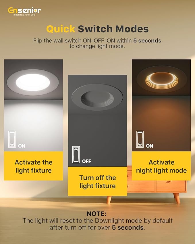 Ensenior 5/6 Inch 5CCT LED Can Lights with Night Light 12 Pack, Retrofit Led Recessed Lighting, Baffle Trim, Dimmable, 9W=110W, 1000LM, IC Rated - FCC
