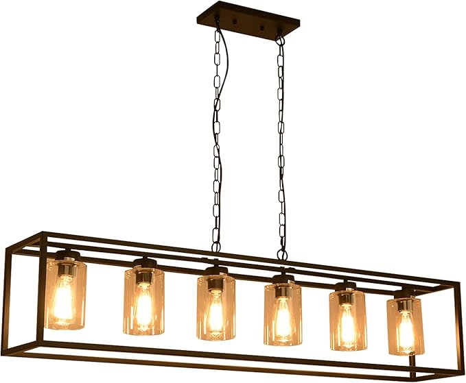 6-Light Black Kitchen Island Lighting with Clear Glass Shade, Modern Farmhouse Dining Room Light Fixtures Over Table, Island Lights for Kitchen, Dining Room, Bar, Foyer
