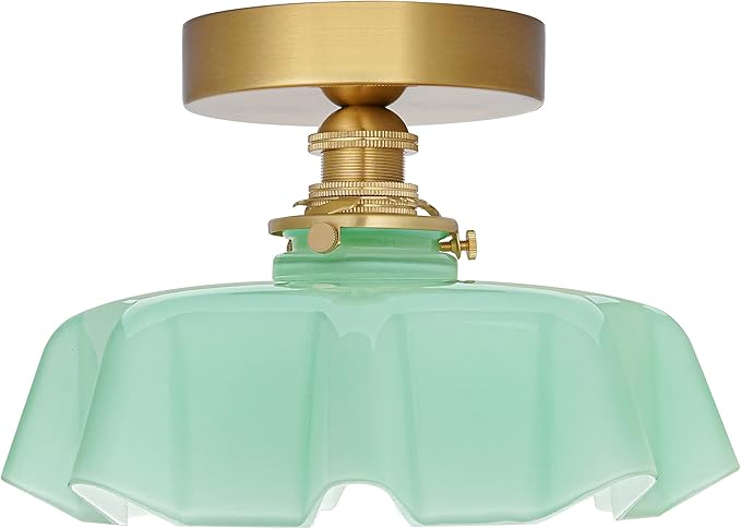 DSMJFU Brass Semi Flush Mount Ceiling Light, Cute Small Green Glass Flush Mount Ceiling Light, Porch Bathroom Lighting Fixtures with Flower Shape Glass for Closet Hallway Entryway