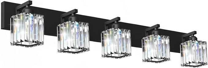 Black Crystal Bathroom Vanity Light, 5-Light Modern Bathroom Lighting Fixtures Over Mirror, Matte Black Wall Sconce Light Fixtures with Square Shade