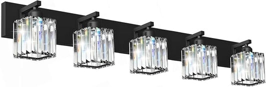 Black Crystal Bathroom Vanity Light, 5-Light Modern Bathroom Lighting Fixtures Over Mirror, Matte Black Wall Sconce Light Fixtures with Square Shade