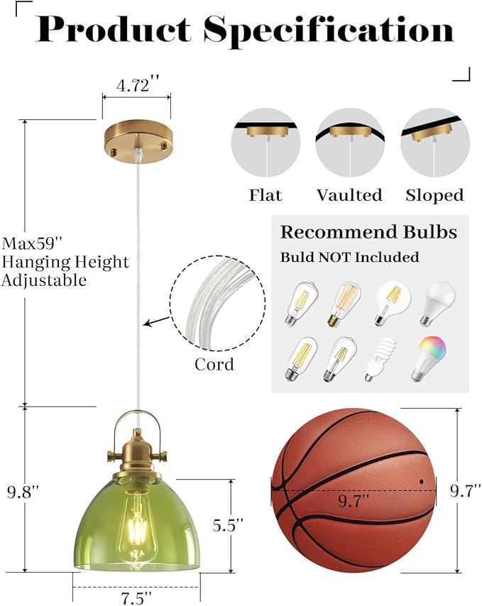 Farmhouse Pendant Lights Kitchen Island, 7.5 inch Green Glass Pendant Lights, Vintage Clear Pendant Light Fixtures 2-Pack, Modern Hanging Pendant Light for Kitchen Island, Bedroom, Bathroom