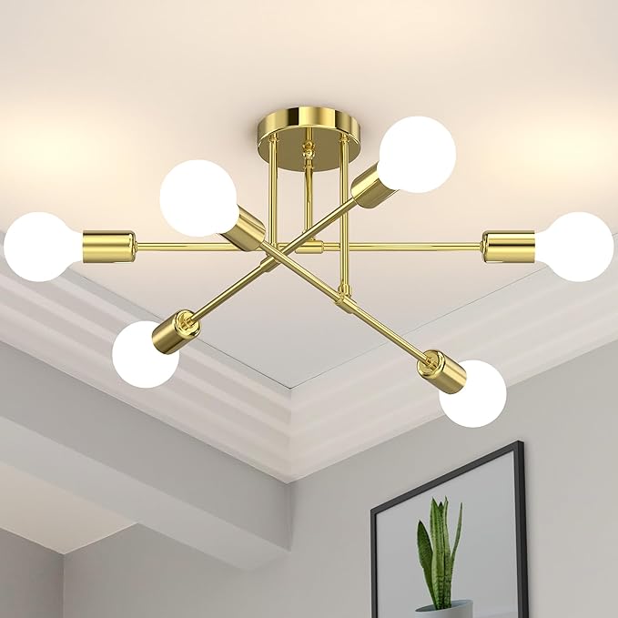 Modern Sputnik Chandelier Ceiling Light Fixtures, 6-Lights 22” Mid Century Industrial Metal Semi Flush Mount for Dining Room, Bedroom, Living Room-Gold