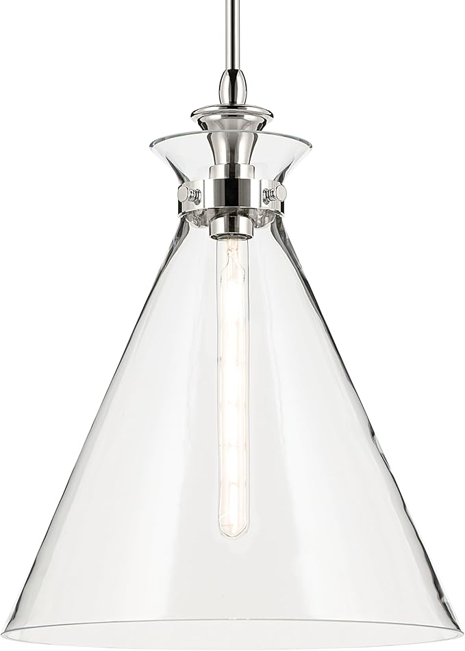 Kichler Laria 1-Light Pendant, Updated Traditional Light, Sloped Ceiling Compatible, for Kitchen with Clear Glass in Polished Nickel (19.75" x 16"), 52775PNCLR