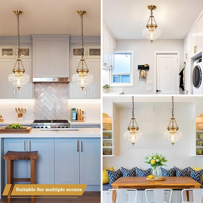 Vintage Pendant Light - Bronze Gold Pendant Lights Kitchen Island with Floral Glass, Brass Penant Lighting Fixtures with Adjustable Hanging Chain for Kitchen, Dining Room, Entryway