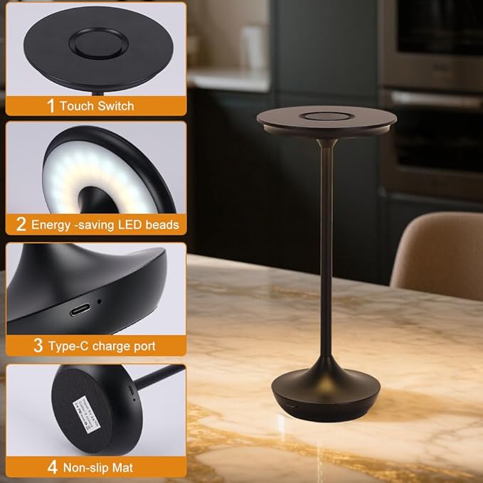 LED Cordless Table Lamp Rechargeable,Portable 6000mAh Battery Outdoor Bedside Table Lamps,3 Color Stepless Dimming Touch Battery Powered Lamp, Table Light for Restaurant/Patio/Camping/Bedroom(Black)