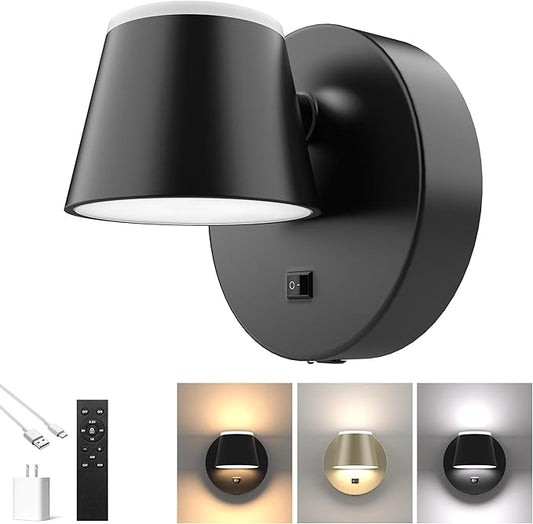 URSOLA Battery Operated Wall Sconce with Remote, LED Rechargeable Battery Wall Light with 9000mAh 3CCT and Dimmable Magnetic 360° Rotation Cordless Light for Bedroom（Black）