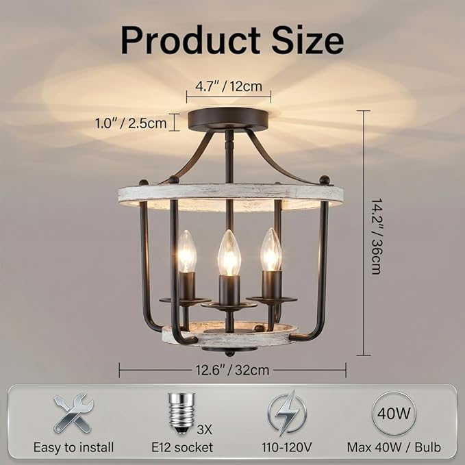 Farmhouse Semi Flush Mount Ceiling Light Fixtures, Industrial Rustic Ceiling Lamp Metal Cage Hallway Light Fixtures(3-Light Whitewashed Wood Finish)
