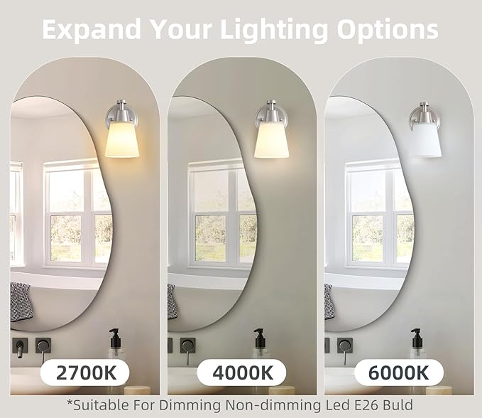 1-Light Bathroom Vanity Light, Brushed Nickel Finish Wall Sconce with Milk Glass, Over Mirror, for Bathroom Vanity