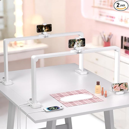 Half Moon Light for Nail Desk, Large Square Table Lamp Suitable for Manicures, Tattoos, Eyelash Extensions, and Sewing, Desk Light with Phone Holder and Charging Port, White, 2 Packs