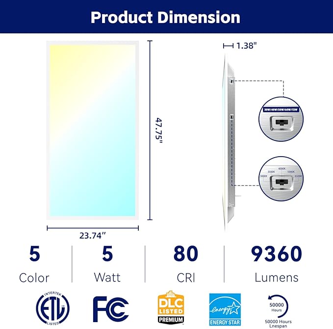8Pack 2x4 LED Flat Panel Light LED Drop Ceiling Light Fixture, 5 CCT 3000K-6500K Adjustable & 5 Wattage Selectable Recessed Back-Lit Fixture for Office, ETL Listed