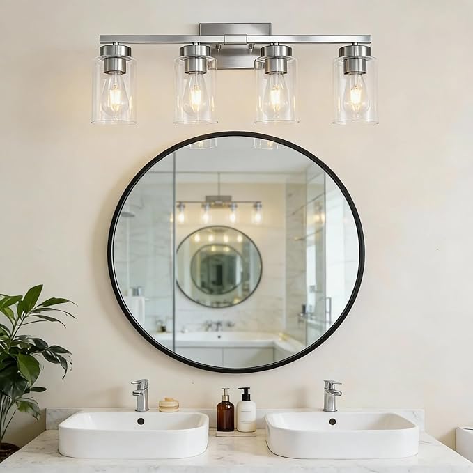 4-Light Bathroom Light Fixtures, Nickel Modern Vanity Lights Over Mirror, Bathroom Wall Sconces with Clear Glass Shade for Living Room Bedroom Hallway Cabinet Porch