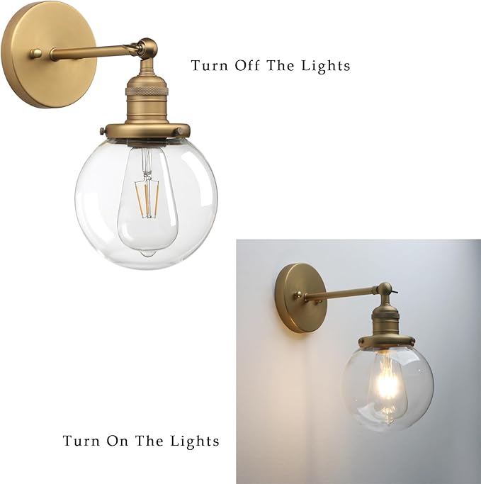 Phansthy 1-Light Wall Sconce, Brass Boho Bathroom Vanity Light, Modern Wall Light with Globe Glass Shade E26 Base, Adjustable Wall Lighting Fixtures for Bedroom, Living Room (Antique, Clear Shade)
