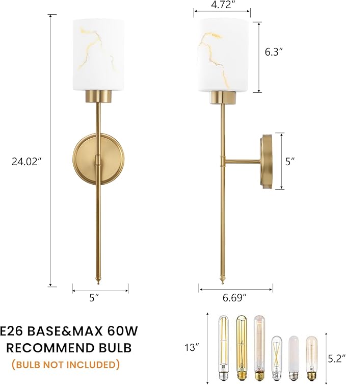 Gold Wall Sconces Set of 2 with Marble Glass Shade, Modern Bathroom Vanity Light Fixtures for Bedroom, Hallway, Entryway, Living Room