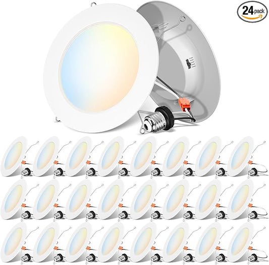 ANWIO Recessed Lighting 6 Inch, 24 Pack 5CCT Flat Retrofit LED Recessed Lights Can Needs, 2700/3000/4000/5000/6000K Selectable Can Lights 10W(120W Equivalent) CRI 80+ Dimmable E26 Base IC Rated & ETL
