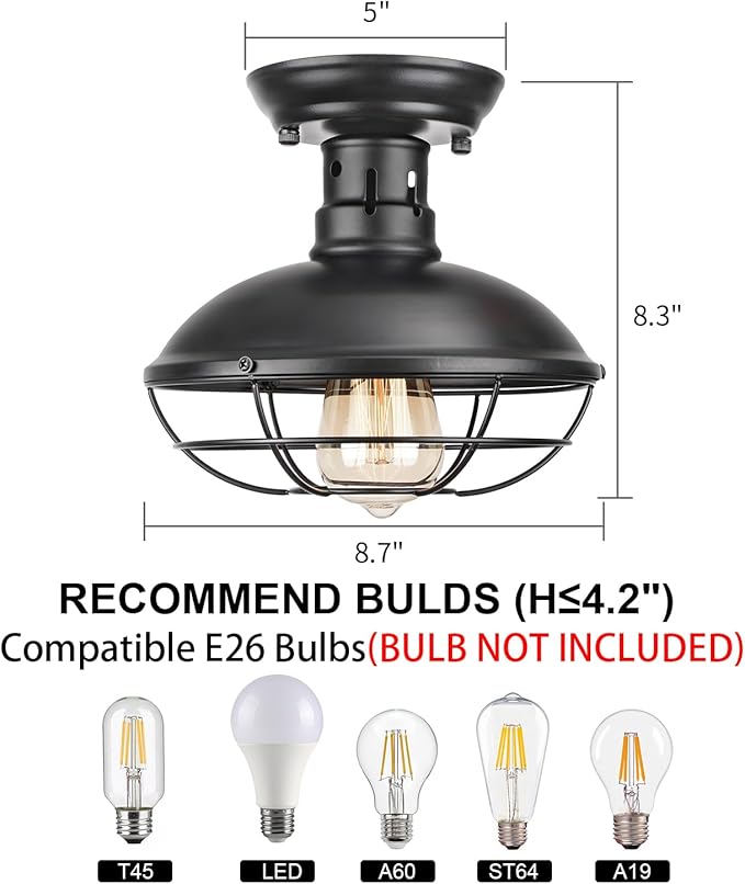 2 Pack Farmhouse Flush Mount Ceiling Light - Easric Industrial Ceiling Light Fixture Rustic Black Metal Cage Close to Ceiling Lamp E26 Base for Hallway Foyer Kitchen Porch