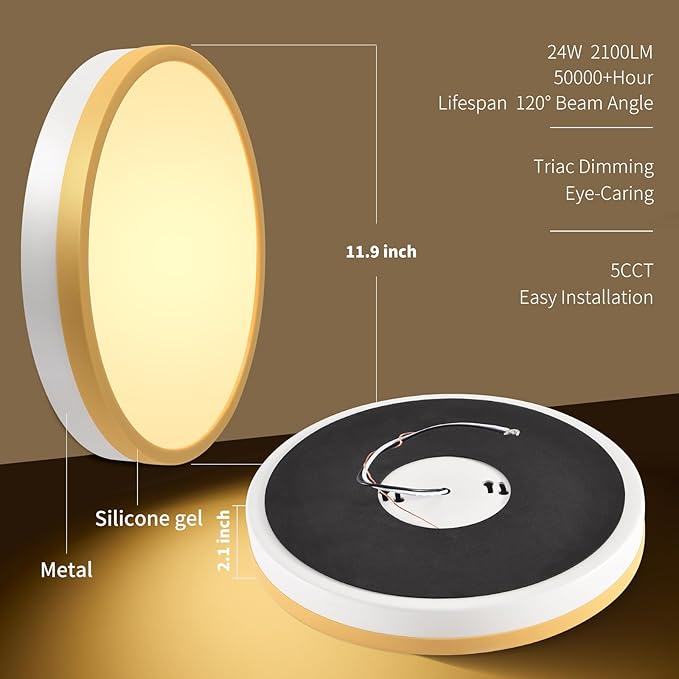 12 Inch 5CCT Thick Metal LED Flush Mount Ceiling Light, White Gold Ceiling Light Fixtures, 24W Dimmable Modern Close to Ceiling Lamps for Kitchen Dining Room Hallway Bedroom Entrance