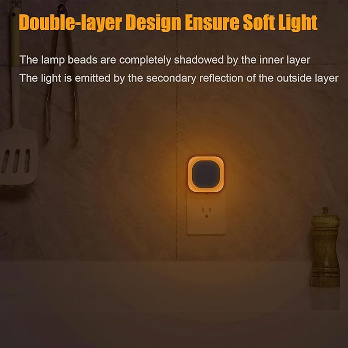 YUNLEX 2 Pack Amber Night Light, Dusk to Dawn Sensor, Warm Glare-Free Reflected Glow, 3-Level Dimmer, Auto On/Off, Plug-in LED Nightlight for Bedroom, Kids, Bathroom, Sleep, Baby Nursery, Toddler