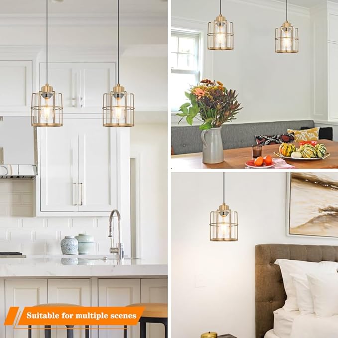 Brass Gold Pendant Light Fixture Set of 2, Modern Pendant Lights Kitchen Island over Sink, Cylinder Bathroom Light Fixture with Clear Glass, Farmhouse Hanging Light Fixture with Adjustable Cord