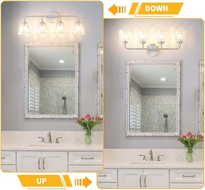 Daunton Vintage 4-Light Brushed Nickel Bathroom Light Fixtures, Elegant Bathroom Vanity Lights Over Mirror, Vanity Lighting with Clear Shade, Art Deco Wall Sconce Lighting for Bedroom