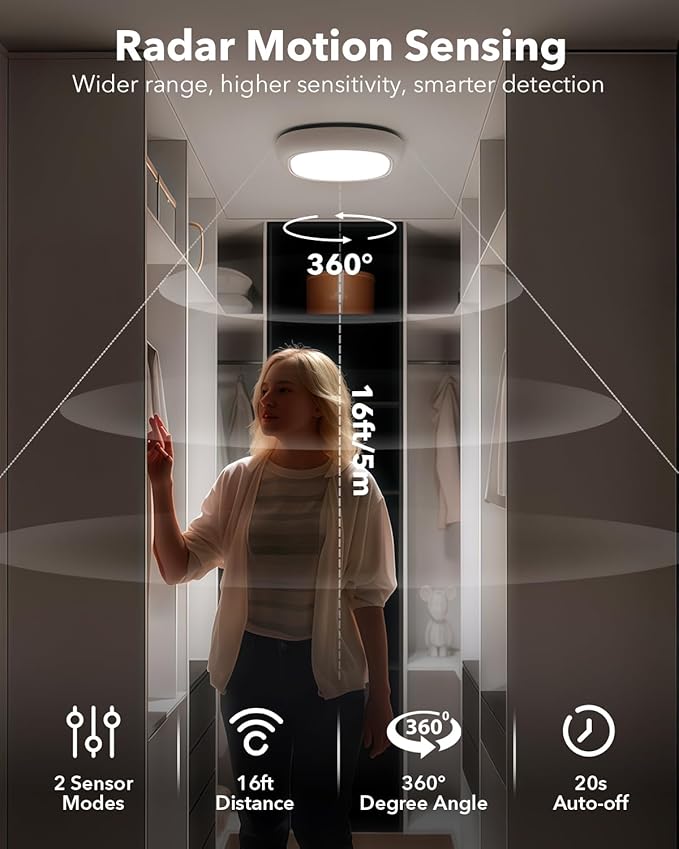 2 Pack Rechargeable Shower Lights for Inside Shower, 12000mAh Motion Sensor Wireless Ceiling Light with Remote No Wiring, Battery Operated Closet Lights Cordless LED Overhead Lighting Bathroom Garge
