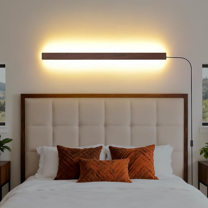 KELUOLY Farmhouse Plug in Long Wall Sconce, 31.4 inch Faux Walnut Finish LED Wall Lights, 16W Warm White 3000K Acrylic Indoor Wall lamp, with 59" Plug Cable for Bedroom, Living Room, Hallway