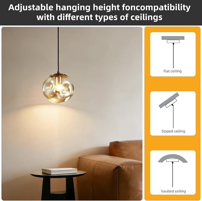 Modern Amber Concave Glass Pendant Light, 2-Pack Kitchen Island Lighting Single Globe Pendant Light Fixtures Century Kitchen Island Pendant Light for Bedroom Dining Room Light (Without Bulbs)