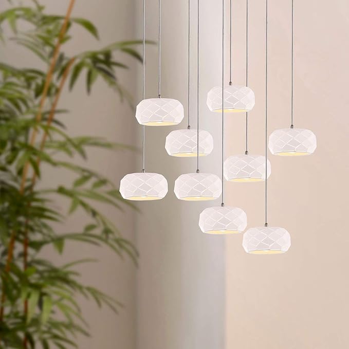 Crust 9 Mini Pendant Lighting White - LED Hanging Light Fixture for Kitchen Island, Bar, Foyer - Cluster Pendants - Dimmable, Adjustable Wire, Lamp Bulb Included